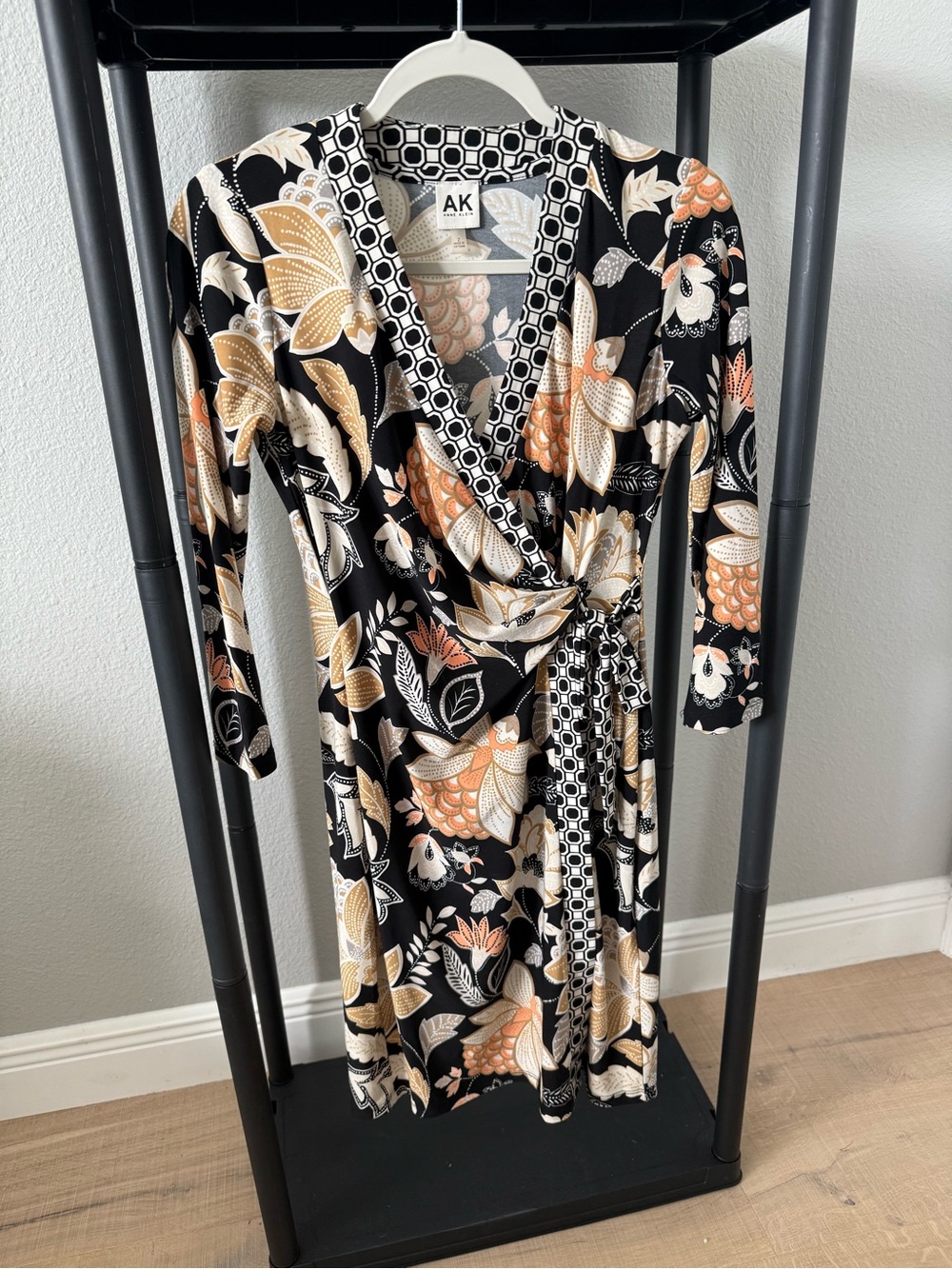 Anne Klein Black Floral Wrap Midi Dress with Peach and Cream Blooms